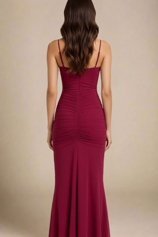 Woman wearing a figure flattering Noah Bodycon Wrap Midi Dress- Red Wine BODYCON COLLECTION