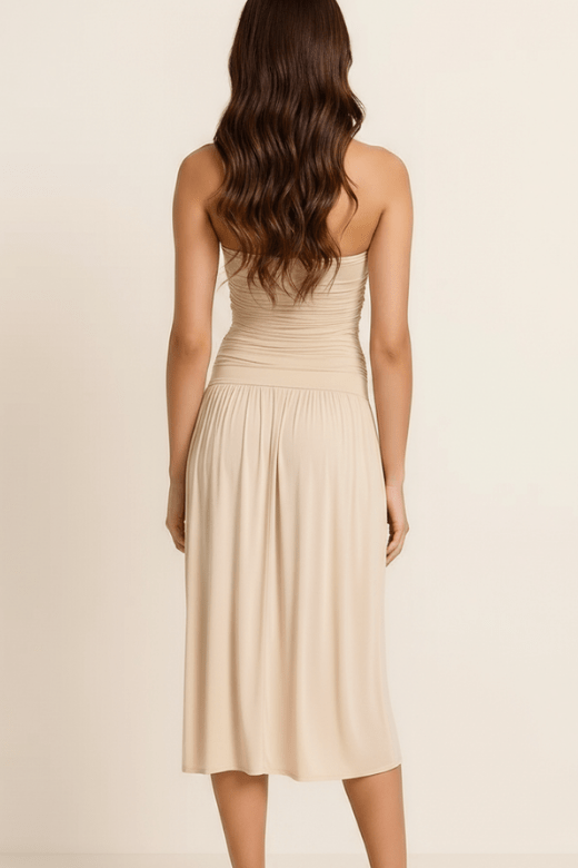 Woman wearing a figure flattering North Bodycon Wrap Midi Dress - Beige BODYCON COLLECTION Pty Ltd