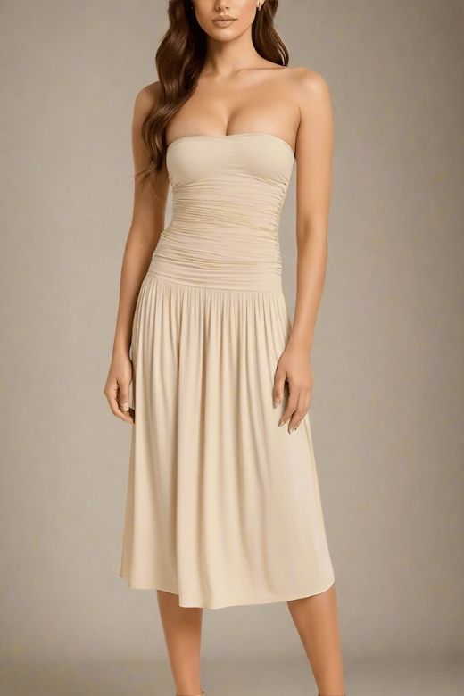 Woman wearing a figure flattering North Bodycon Wrap Midi Dress - Beige BODYCON COLLECTION Pty Ltd