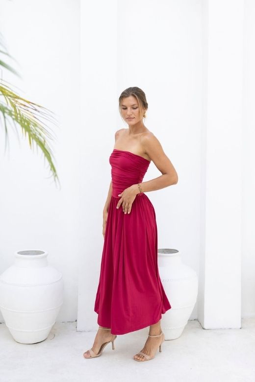 Woman wearing a figure flattering North Bodycon Wrap Midi Dress - Chocolate Brown BODYCON COLLECTION Pty Ltd