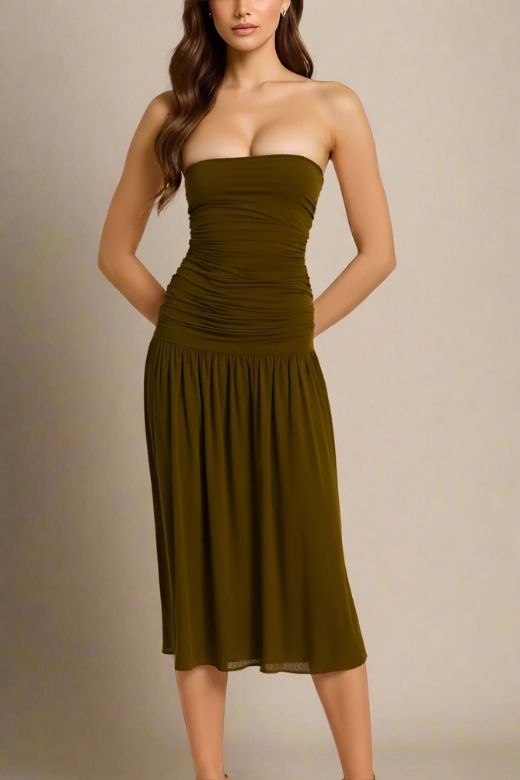 Woman wearing a figure flattering North Bodycon Wrap Midi Dress - Chocolate Brown BODYCON COLLECTION Pty Ltd