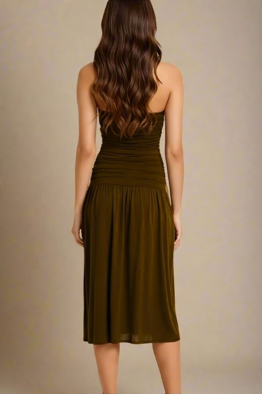 Woman wearing a figure flattering North Bodycon Wrap Midi Dress - Chocolate Brown BODYCON COLLECTION Pty Ltd