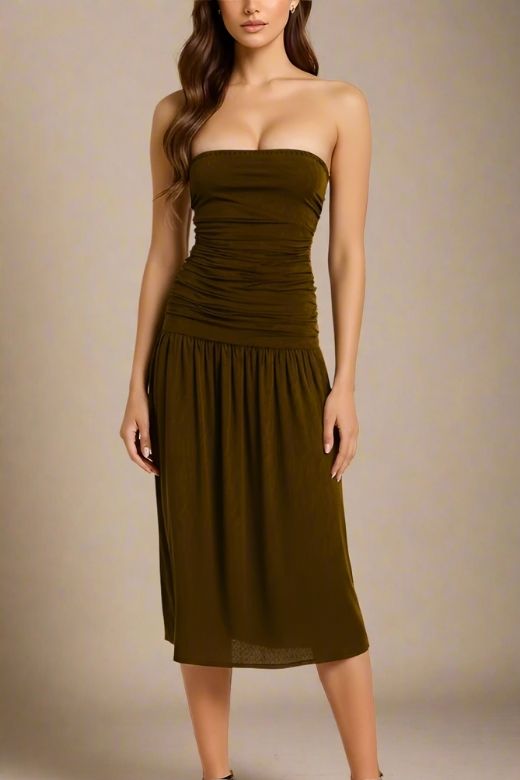 Woman wearing a figure flattering North Bodycon Wrap Midi Dress - Chocolate Brown BODYCON COLLECTION Pty Ltd