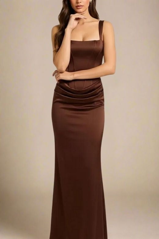 Woman wearing a figure flattering Nova Bodycon Wrap Maxi Dress - Coffee Brown BODYCON COLLECTION Pty Ltd