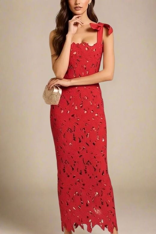 Woman wearing a figure flattering Odette Bodycon Lace Maxi Dress - Lipstick Red BODYCON COLLECTION