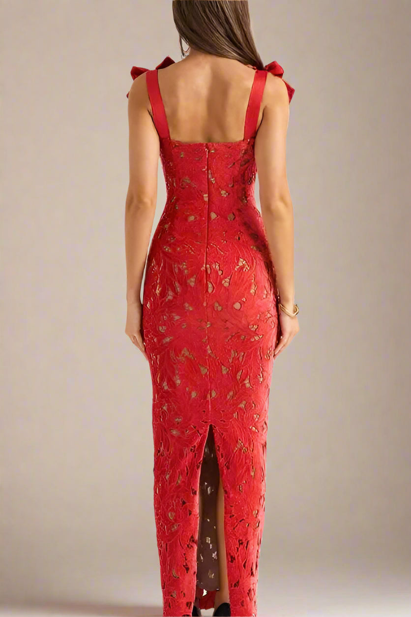 Woman wearing a figure flattering Odette Bodycon Lace Maxi Dress - Lipstick Red BODYCON COLLECTION