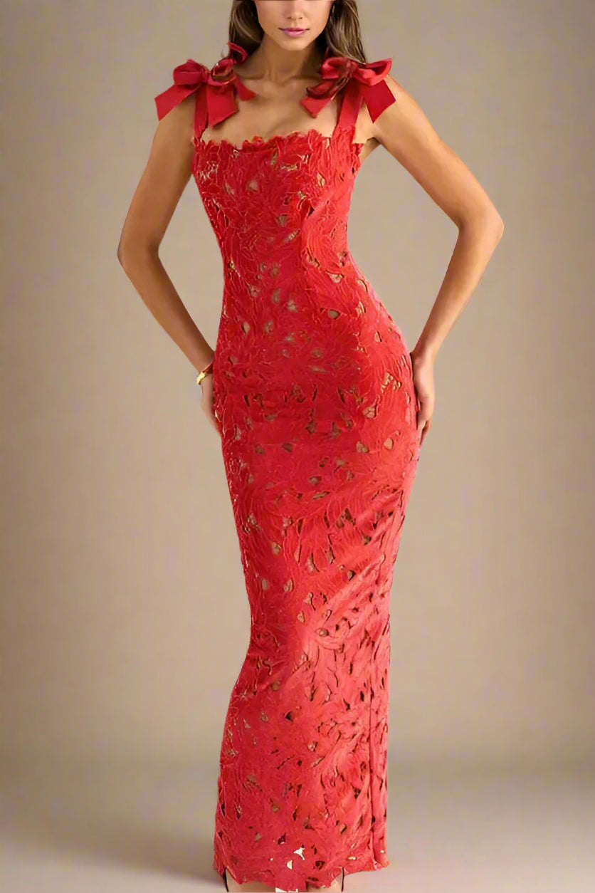 Woman wearing a figure flattering Odette Bodycon Lace Maxi Dress - Lipstick Red BODYCON COLLECTION