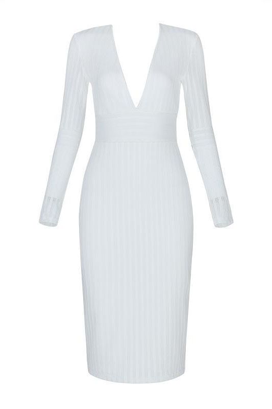 Woman wearing a figure flattering Olivia Long Sleeve Bandage Midi Dress - Pearl White Bodycon Collection