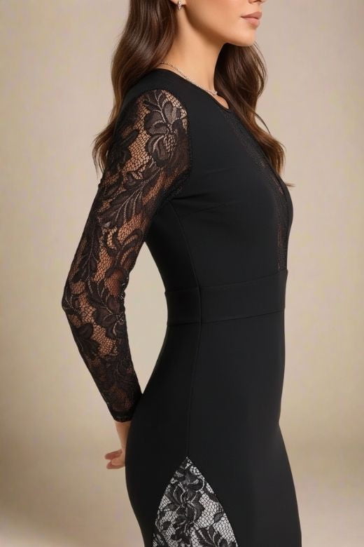 Woman wearing a figure flattering Opal Long Sleeve Bodycon Dress - Classic Black BODYCON COLLECTION Pty Ltd