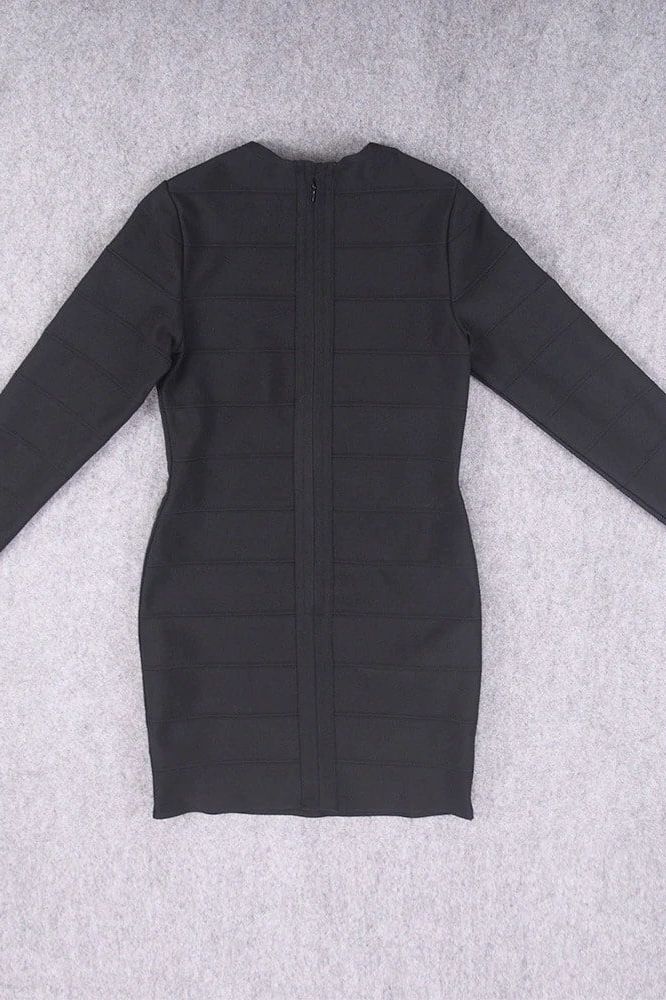 Woman wearing a figure flattering Pamela Long Sleeve Bandage Mini Dress - Classic Black BODYCON COLLECTION