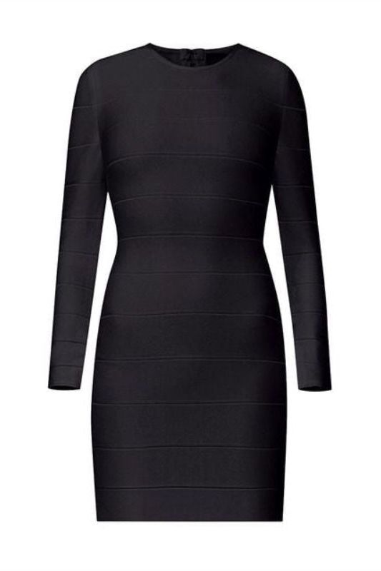 Woman wearing a figure flattering Pamela Long Sleeve Bandage Mini Dress - Classic Black BODYCON COLLECTION