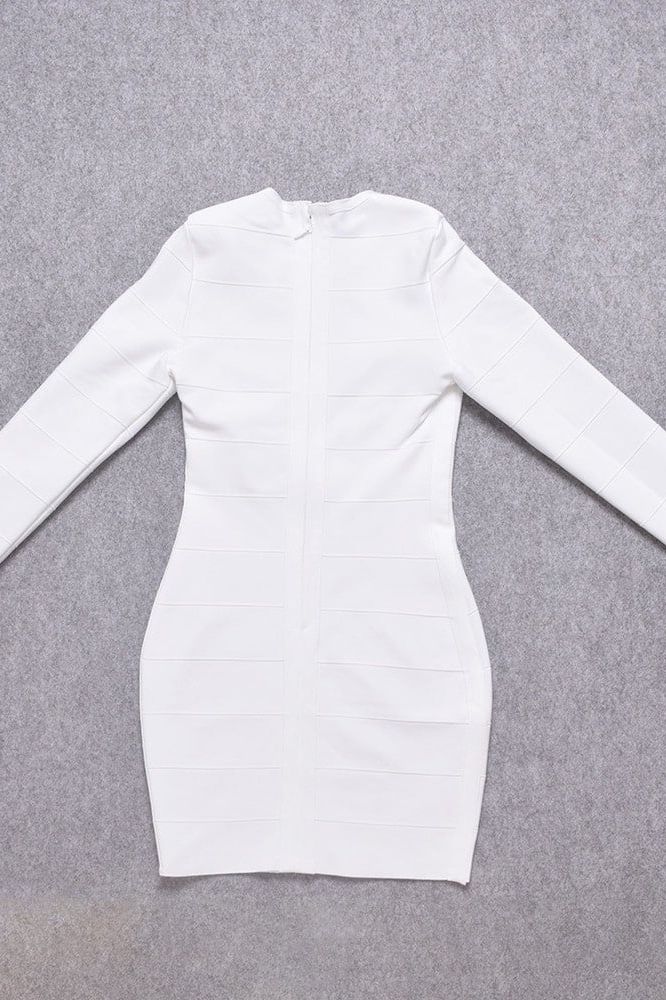 Woman wearing a figure flattering Pamela Long Sleeve Bandage Mini Dress - Pearl White BODYCON COLLECTION