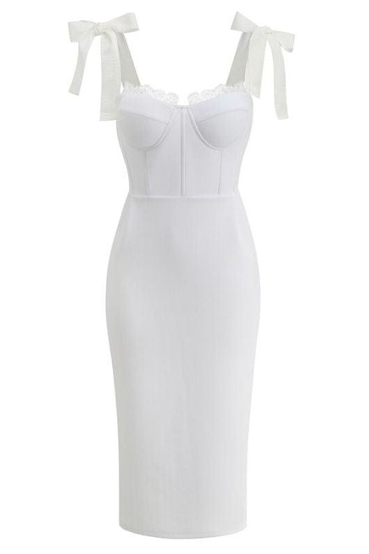 Woman wearing a figure flattering Payton Bandage Dress - Pearl White BODYCON COLLECTION