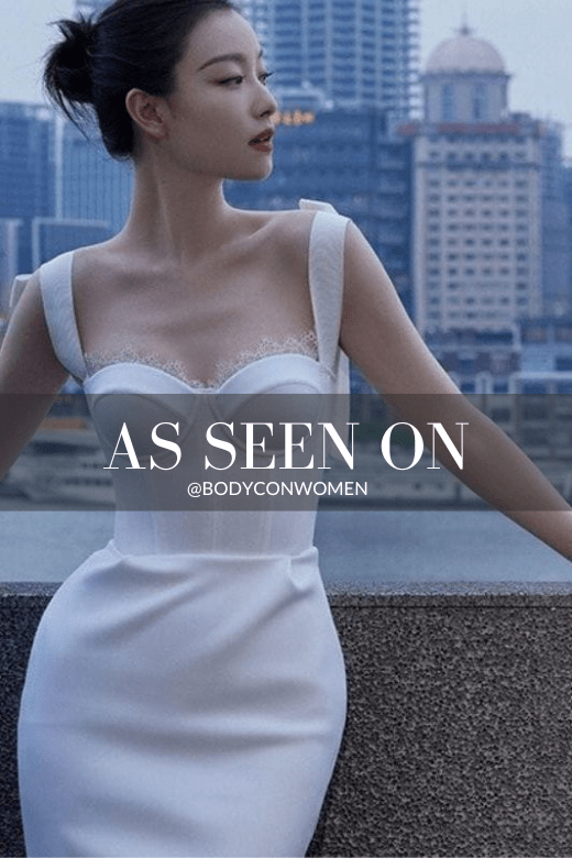 Woman wearing a figure flattering Payton Bandage Dress - Pearl White BODYCON COLLECTION