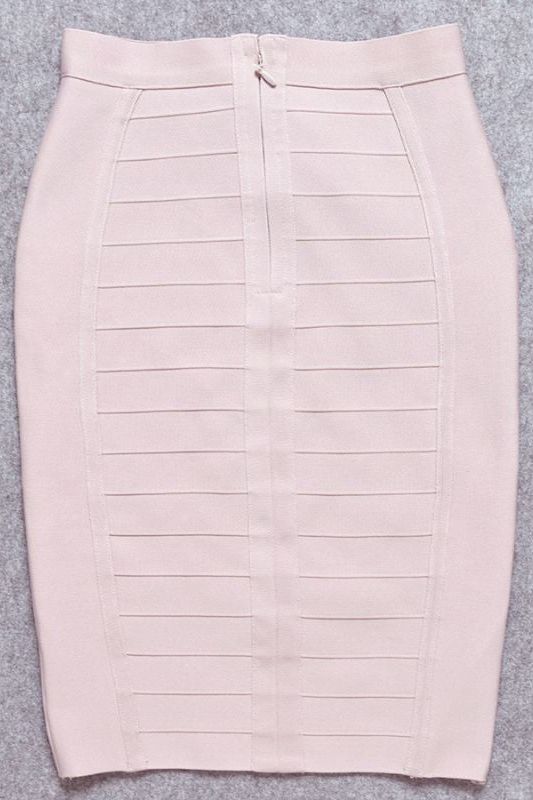 Woman wearing a figure flattering Pencil High Waist Bandage Knee Length Cocktail Skirt - Cream BODYCON COLLECTION