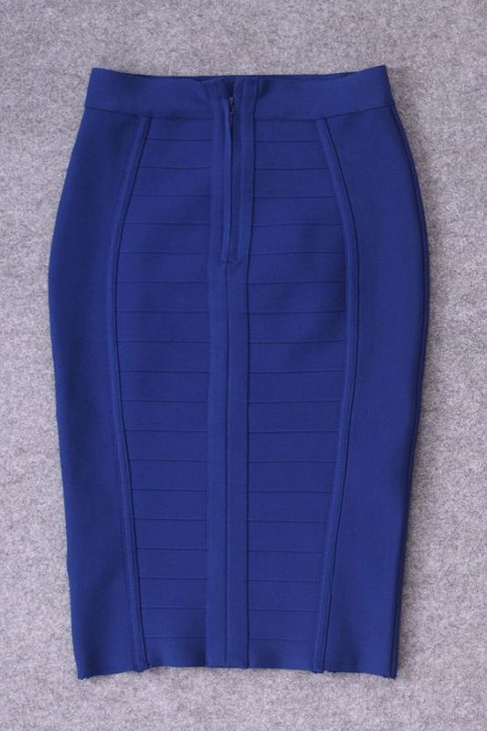Woman wearing a figure flattering Pencil High Waist Bandage Knee Length Cocktail Skirt - Navy Blue BODYCON COLLECTION