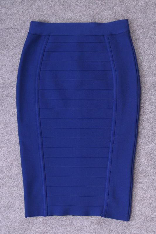 Woman wearing a figure flattering Pencil High Waist Bandage Knee Length Cocktail Skirt - Navy Blue BODYCON COLLECTION