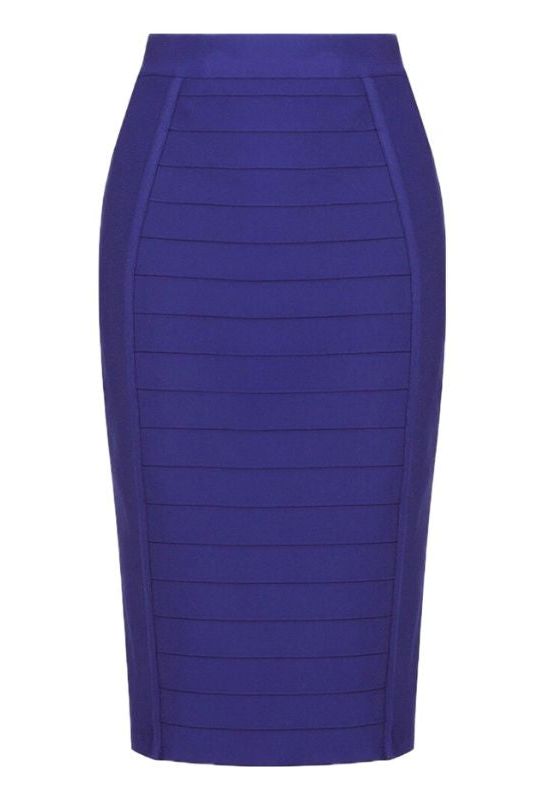 Woman wearing a figure flattering Pencil High Waist Bandage Knee Length Cocktail Skirt - Navy Blue BODYCON COLLECTION