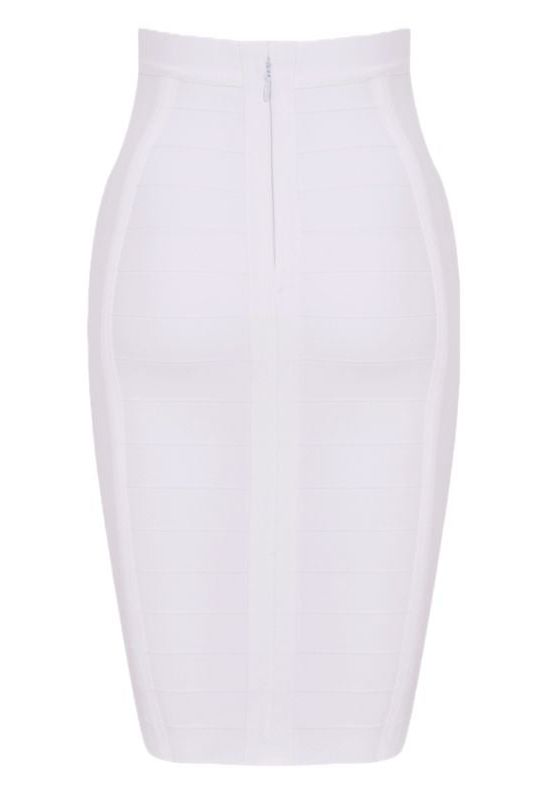 Woman wearing a figure flattering Pencil High Waist Bandage Knee Length Cocktail Skirt - Pearl White BODYCON COLLECTION