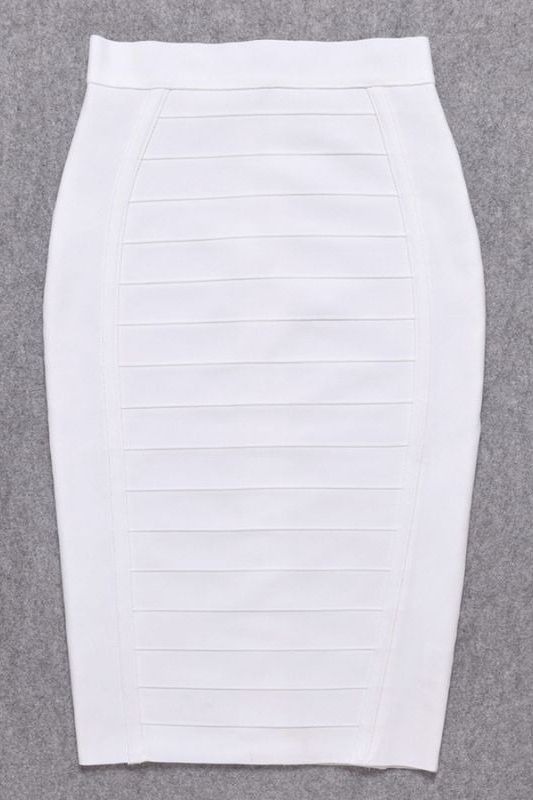 Woman wearing a figure flattering Pencil High Waist Bandage Knee Length Cocktail Skirt - Pearl White BODYCON COLLECTION