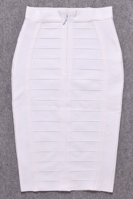 Woman wearing a figure flattering Pencil High Waist Bandage Knee Length Cocktail Skirt - Pearl White BODYCON COLLECTION