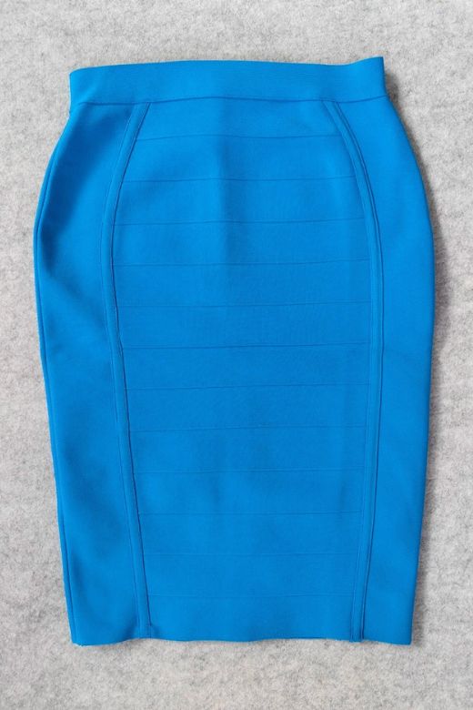 Woman wearing a figure flattering Pencil High Waist Bandage Knee Length Cocktail Skirt - Sky Blue BODYCON COLLECTION