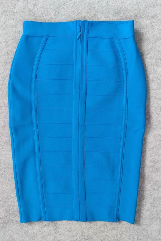 Woman wearing a figure flattering Pencil High Waist Bandage Knee Length Cocktail Skirt - Sky Blue BODYCON COLLECTION