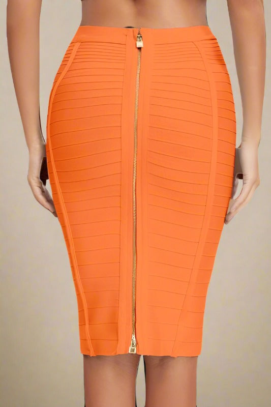 Woman wearing a figure flattering Pencil High Waist Bandage Knee Length Knitted Skirt - Apricot Orange BODYCON COLLECTION