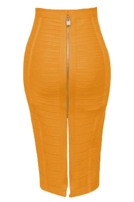 Woman wearing a figure flattering Pencil High Waist Bandage Knee Length Knitted Skirt - Apricot Orange BODYCON COLLECTION