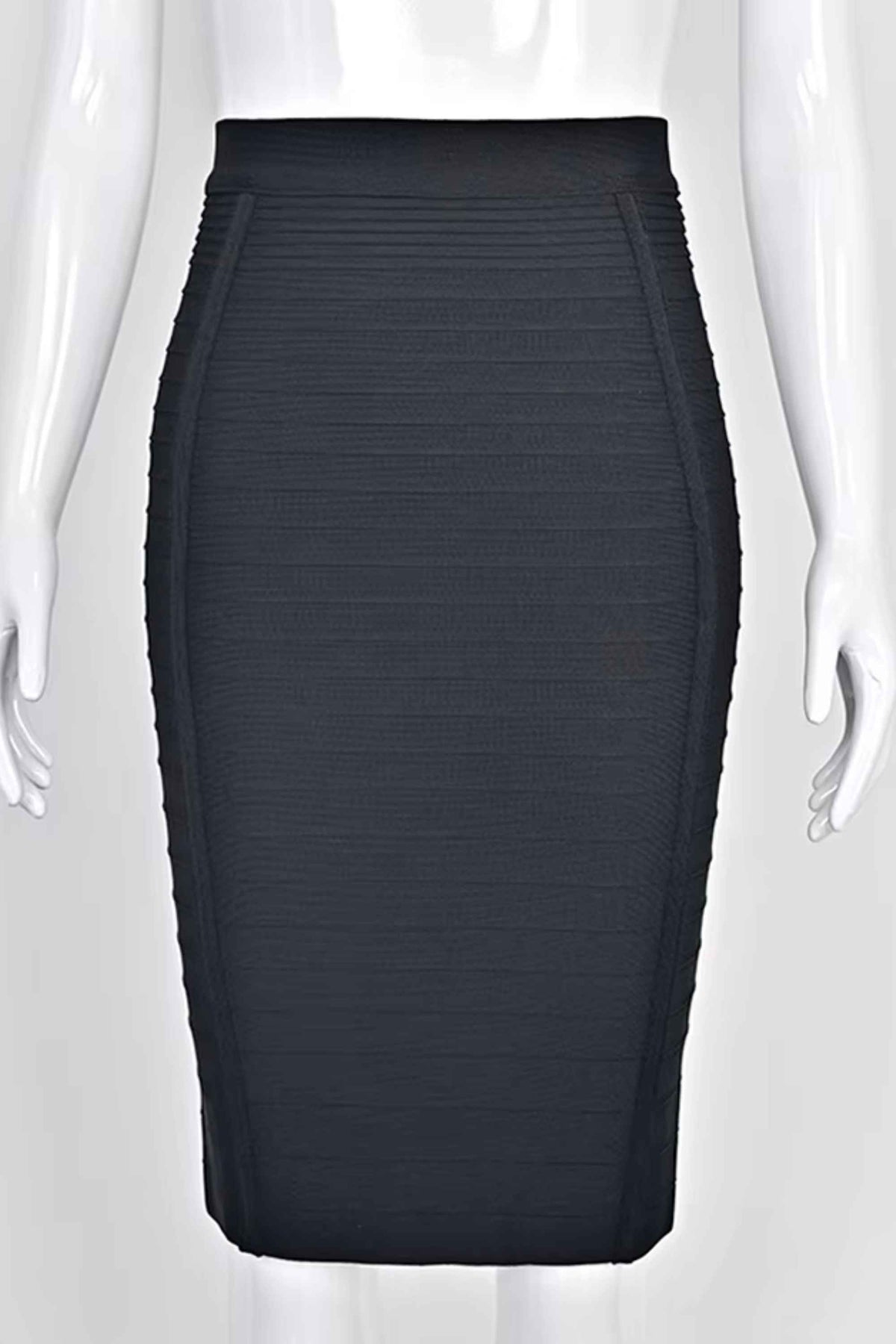 Woman wearing a figure flattering Pencil High Waist Bandage Knee Length Knitted Skirt - Classic Black BODYCON COLLECTION