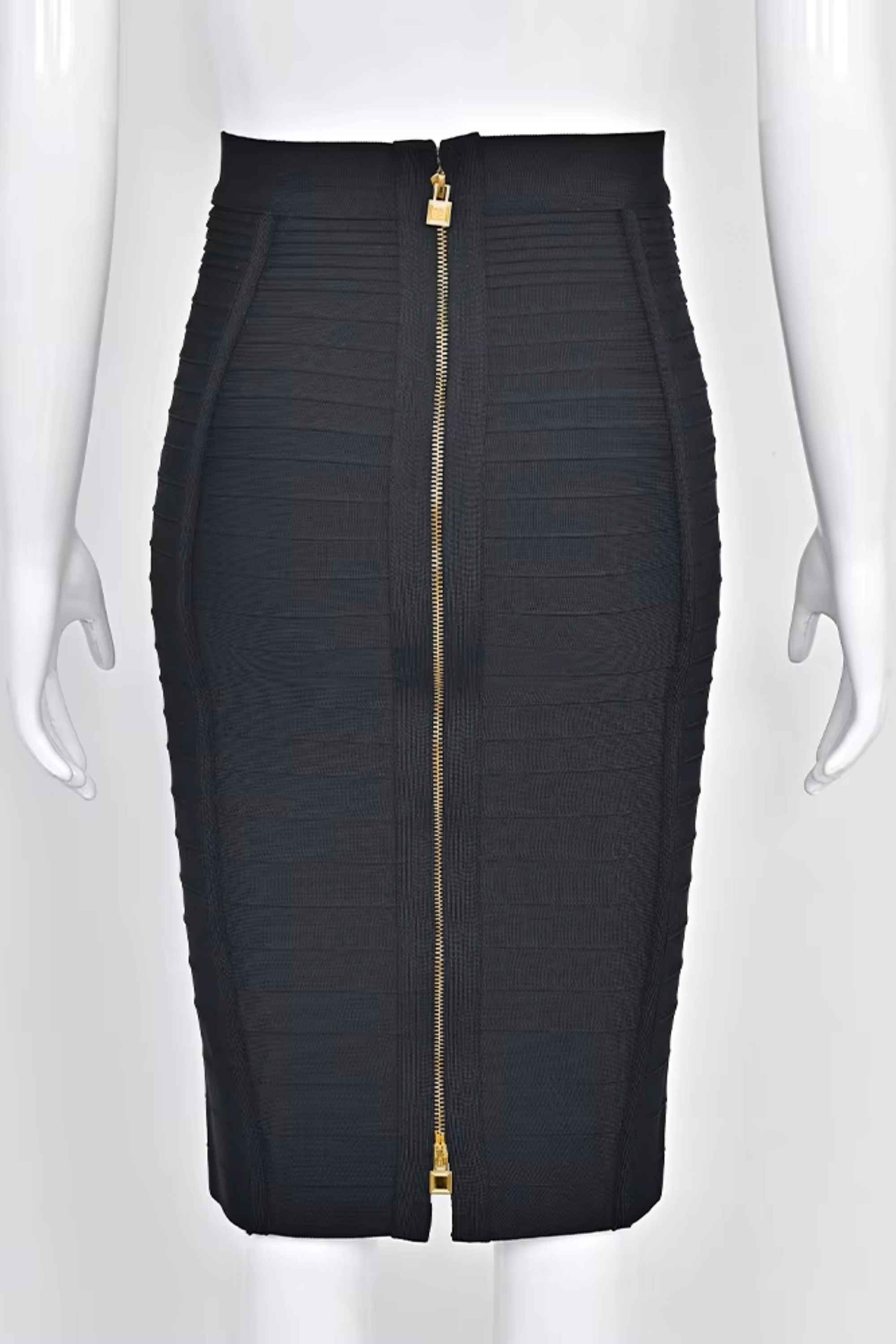 Woman wearing a figure flattering Pencil High Waist Bandage Knee Length Knitted Skirt - Classic Black BODYCON COLLECTION