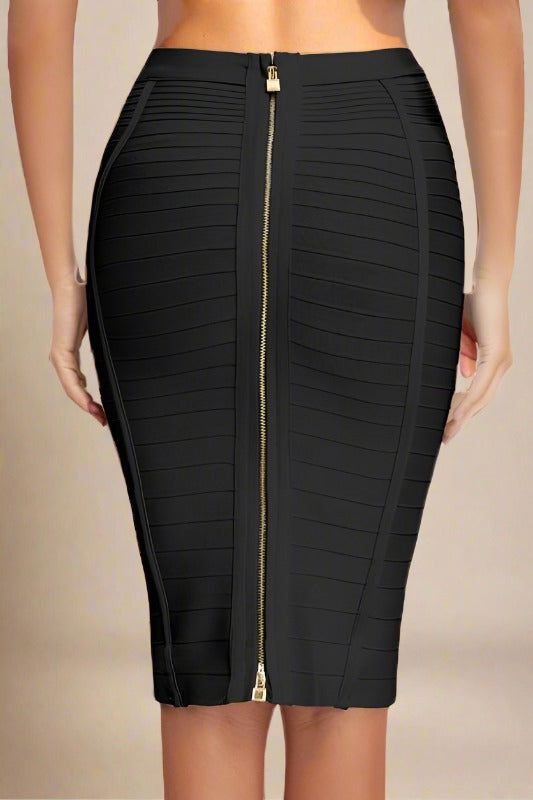 Woman wearing a figure flattering Pencil High Waist Bandage Knee Length Knitted Skirt - Classic Black BODYCON COLLECTION