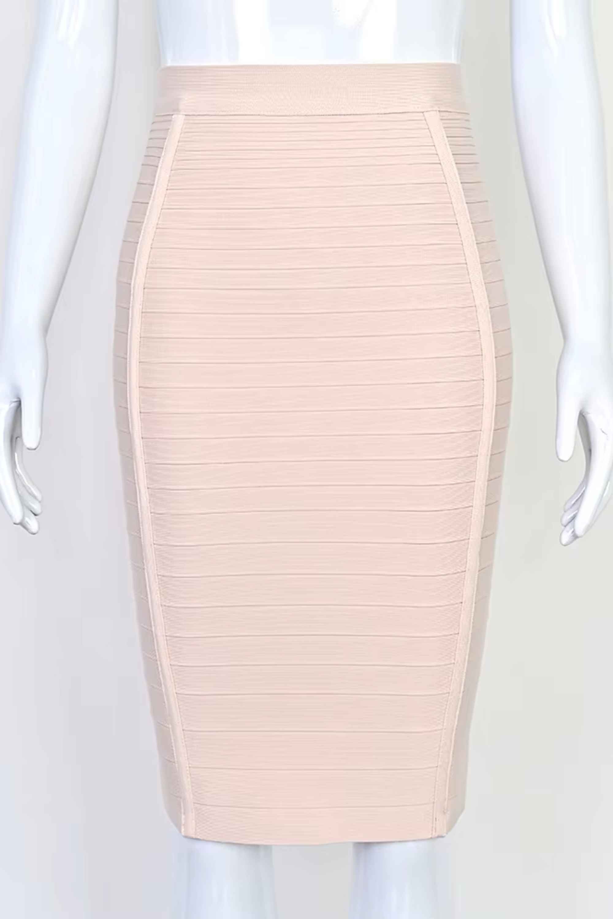 Woman wearing a figure flattering Pencil High Waist Bandage Knee Length Knitted Skirt - Cream BODYCON COLLECTION