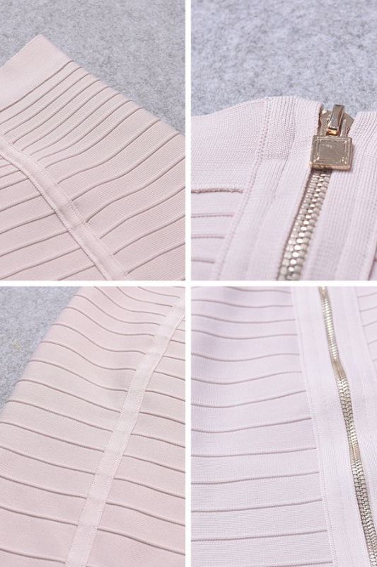 Woman wearing a figure flattering Pencil High Waist Bandage Knee Length Knitted Skirt - Cream BODYCON COLLECTION