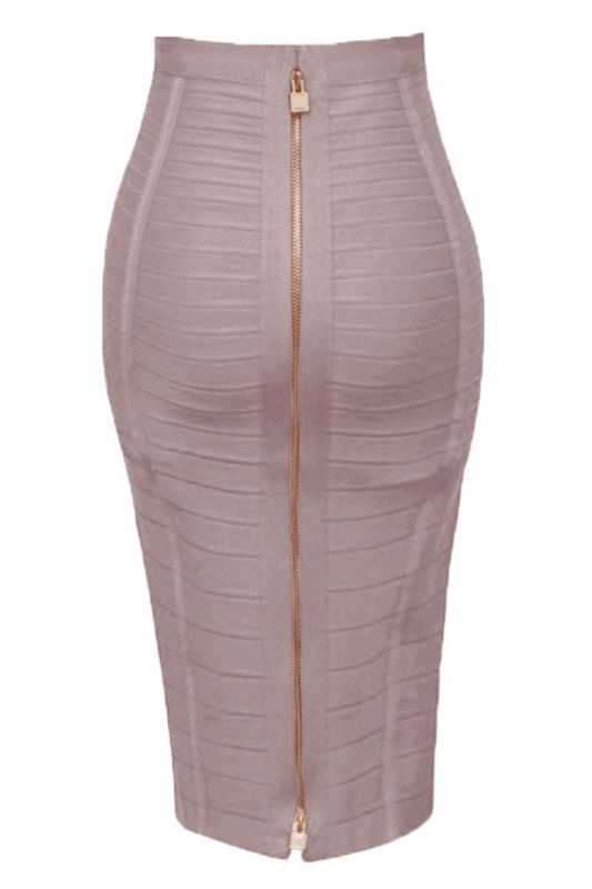 Woman wearing a figure flattering Pencil High Waist Bandage Knee Length Knitted Skirt - Cream BODYCON COLLECTION