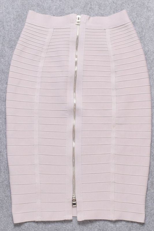 Woman wearing a figure flattering Pencil High Waist Bandage Knee Length Knitted Skirt - Cream BODYCON COLLECTION