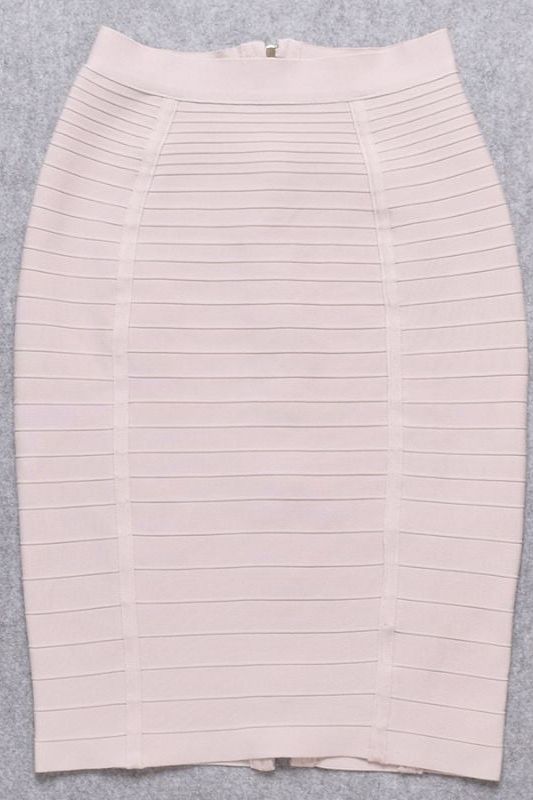 Woman wearing a figure flattering Pencil High Waist Bandage Knee Length Knitted Skirt - Cream BODYCON COLLECTION