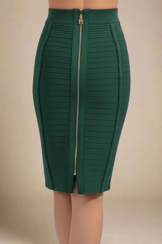 Woman wearing a figure flattering Pencil High Waist Bandage Knee Length Knitted Skirt - Emerald Green BODYCON COLLECTION