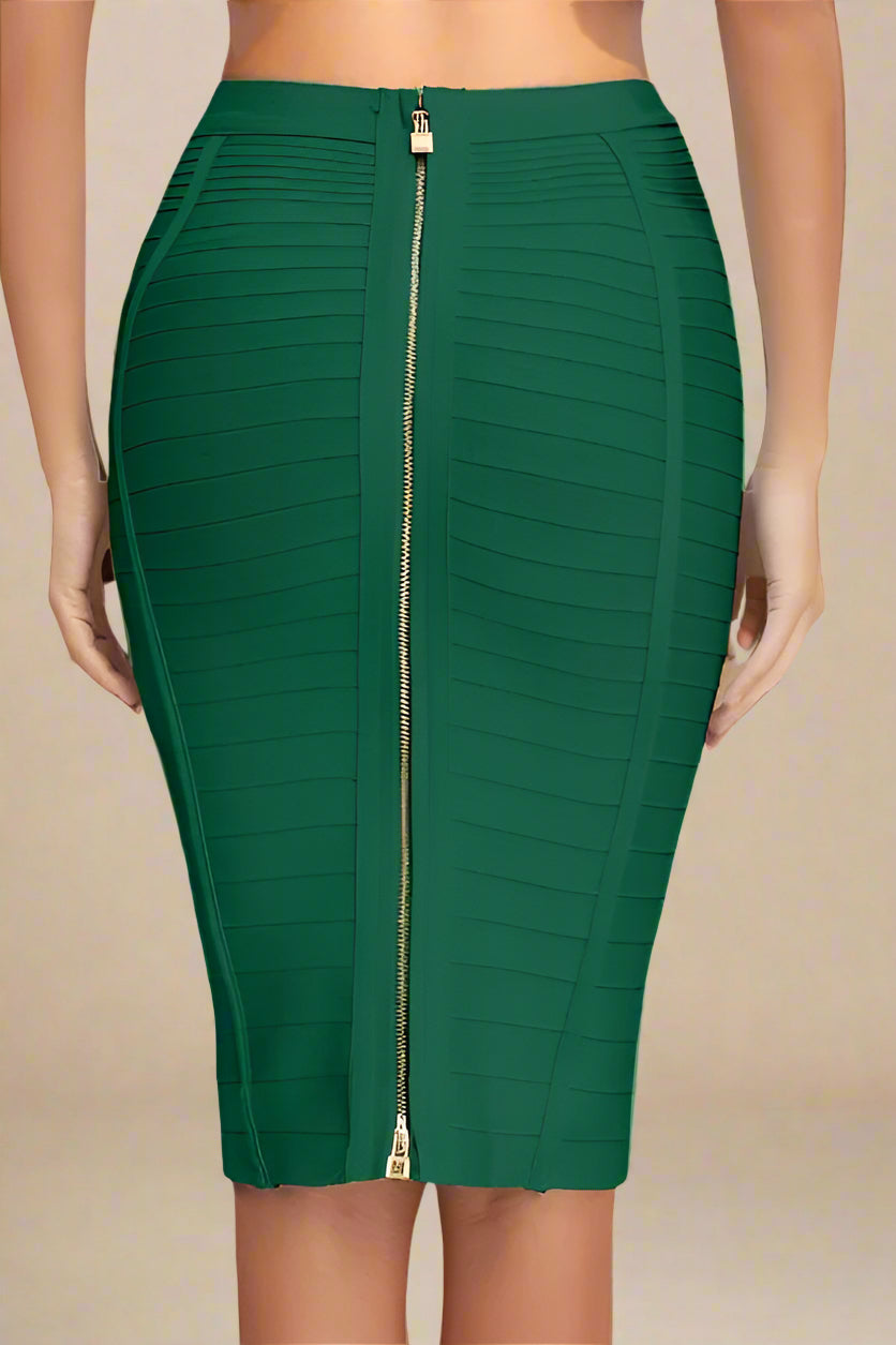 Woman wearing a figure flattering Pencil High Waist Bandage Knee Length Knitted Skirt - Emerald Green BODYCON COLLECTION