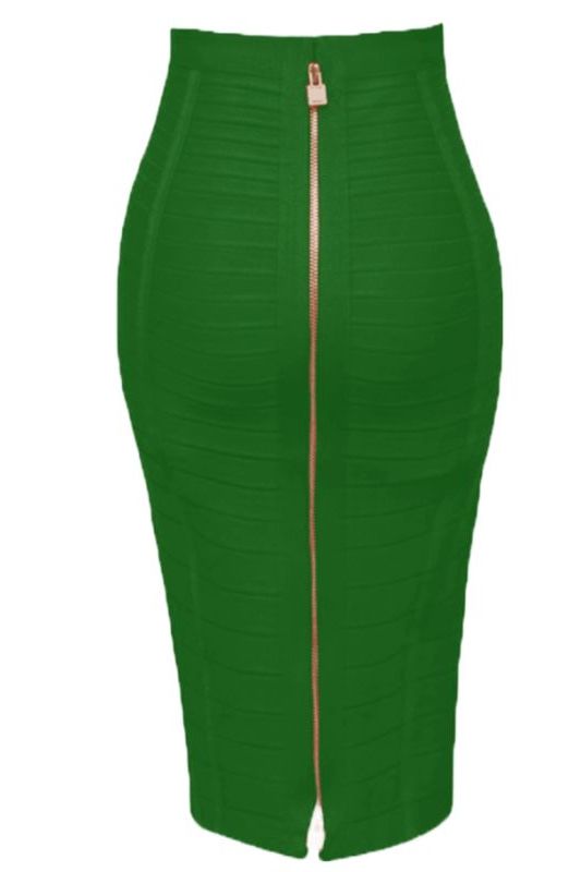 Woman wearing a figure flattering Pencil High Waist Bandage Knee Length Knitted Skirt - Emerald Green BODYCON COLLECTION