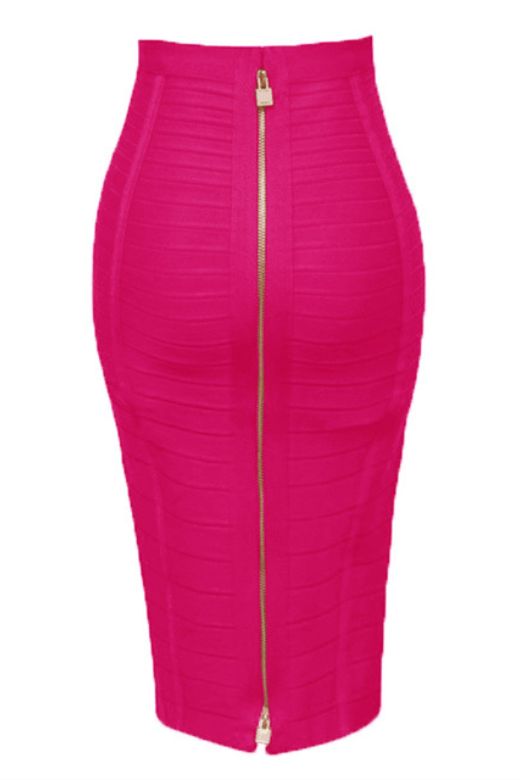 Woman wearing a figure flattering Pencil High Waist Bandage Knee Length Knitted Skirt - Hot Pink BODYCON COLLECTION