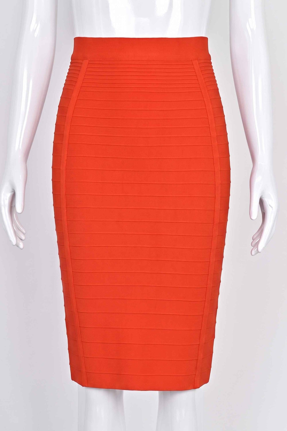 Woman wearing a figure flattering Pencil High Waist Bandage Knee Length Knitted Skirt - Lipstick Red BODYCON COLLECTION