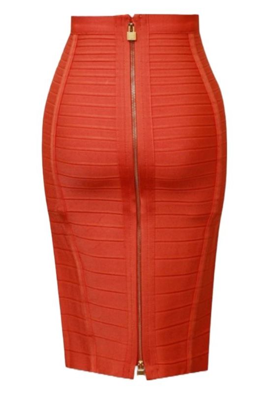 Woman wearing a figure flattering Pencil High Waist Bandage Knee Length Knitted Skirt - Lipstick Red BODYCON COLLECTION