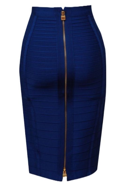 Woman wearing a figure flattering Pencil High Waist Bandage Knee Length Knitted Skirt - Navy Blue BODYCON COLLECTION