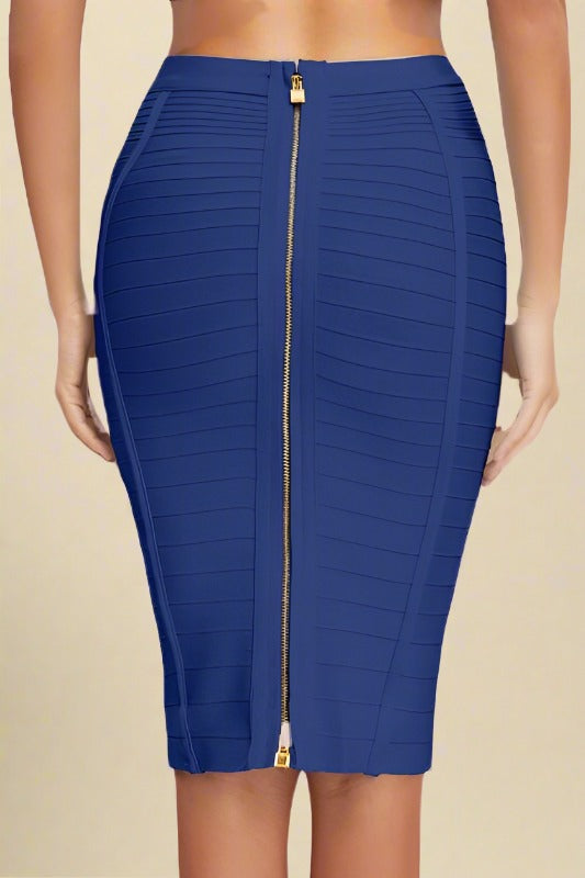 Woman wearing a figure flattering Pencil High Waist Bandage Knee Length Knitted Skirt - Navy Blue BODYCON COLLECTION