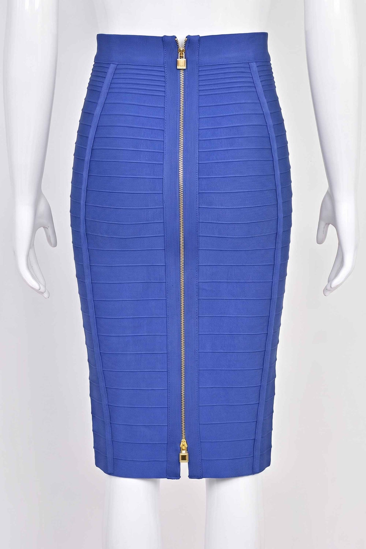 Woman wearing a figure flattering Pencil High Waist Bandage Knee Length Knitted Skirt - Navy Blue BODYCON COLLECTION