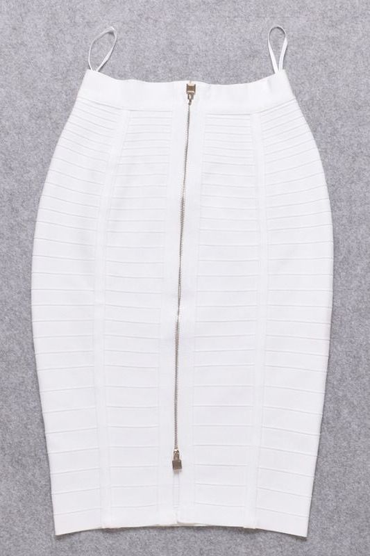 Woman wearing a figure flattering Pencil High Waist Bandage Knee Length Knitted Skirt - Pearl White BODYCON COLLECTION