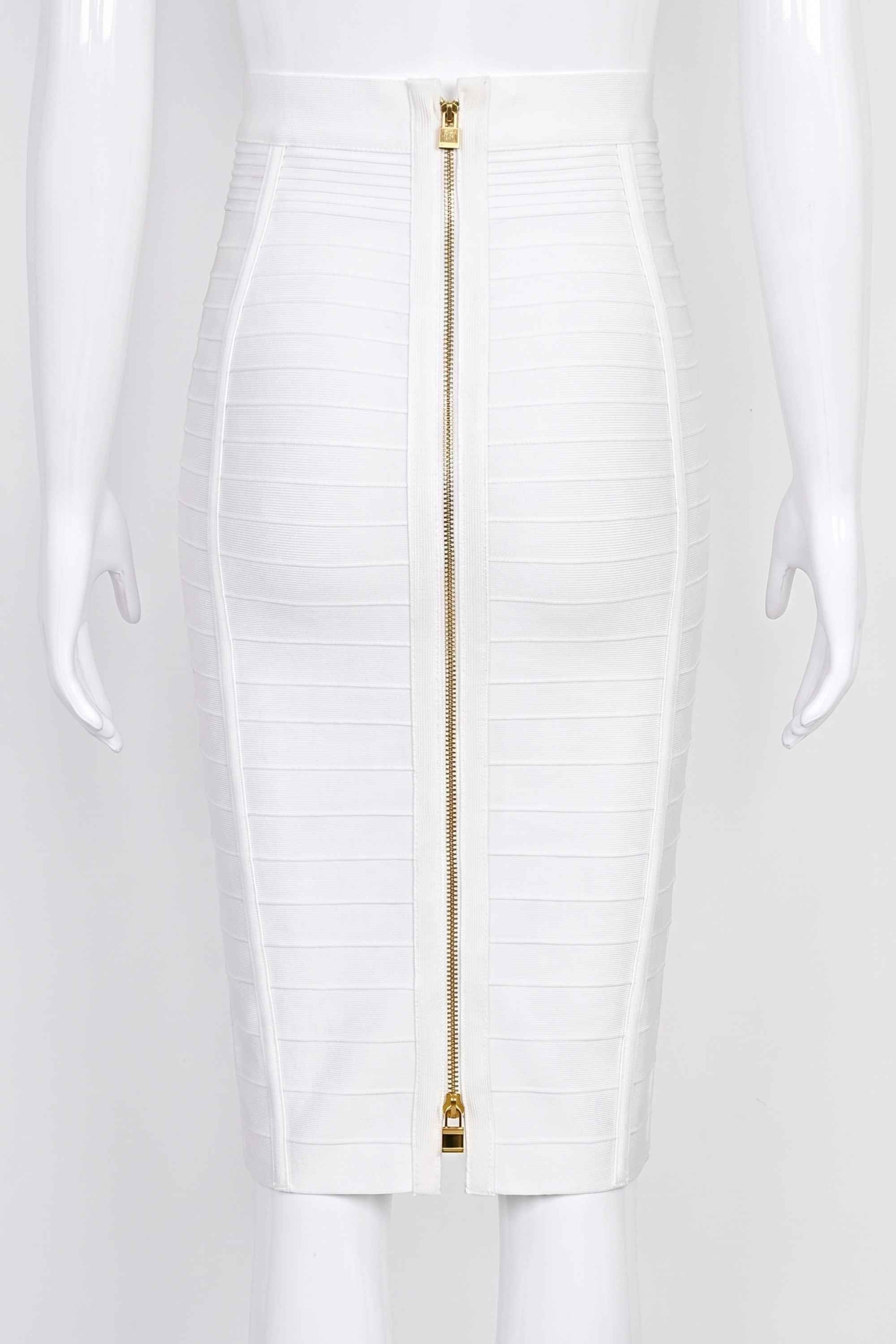 Woman wearing a figure flattering Pencil High Waist Bandage Knee Length Knitted Skirt - Pearl White BODYCON COLLECTION