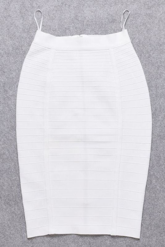 Woman wearing a figure flattering Pencil High Waist Bandage Knee Length Knitted Skirt - Pearl White BODYCON COLLECTION