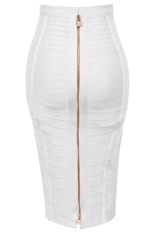 Woman wearing a figure flattering Pencil High Waist Bandage Knee Length Knitted Skirt - Pearl White BODYCON COLLECTION